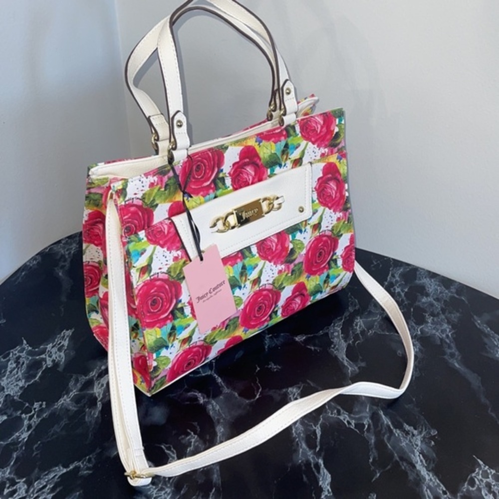 Women’s Handbag Juicy Couture Off Chain Tote Malibu Rose White Floral AUTHENTIC